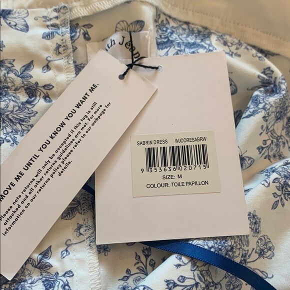 With Jean Sabrin Toile Papillon Strapless Floral Blue White Mini Dress‎ medium - Picture 9 of 16